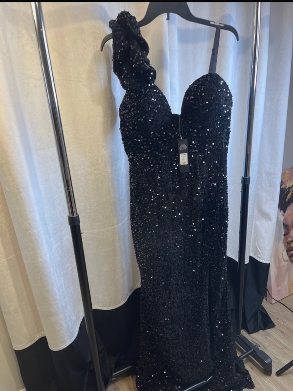 Fashion Nova Black Sequin One-Shoulder Gown